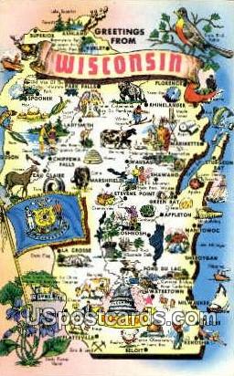 Greetings from, WI     ;     Greetings from, Wisconsin Postcard