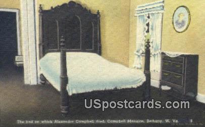 Bed, Alexander Campbell Died, Mansion - Bethany, West Virginia WV Postcard